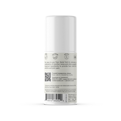 A cylindrical container of the Medterra Pain Relief Roll-On viewed from the back, showcasing a label adorned with text and icons. The label includes a QR code, usage instructions, and a barcode at the bottom. This white Pain Relief Roll-On contains 1000mg CBD and comes with a roll-on applicator designed for joint pain relief.