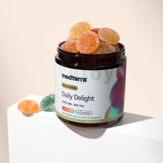Jar of Medterra Daily Delight gummies labeled with 25MG CBD, 5MG THC, Multi-Flavored, 20 Gummies, High Potency, Full Spectrum, with three sugar-coated gummies in orange, red, and green colors beside it.