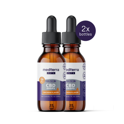 Two brown bottles of Medterra Pet CBD Drops (750 mg each, chicken-flavored, 1 oz) support joint health and general pet wellness. The label is white with purple-orange accents, and a "2x bottles" badge is on the top right.