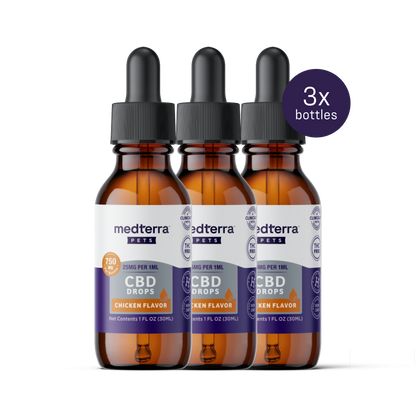 Three amber bottles of Medterra Pet CBD Drops, chicken flavor with black droppers, are shown. Each 1 oz bottle contains 750 mg CBD to support joint health, labeled "3x bottles" for easy dispensing to your furry friend.