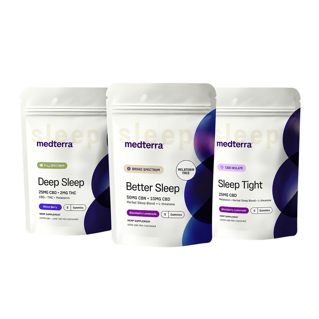 Three Medterra Better Sleep Discovery Kit pouches stand side by side, each featuring unique CBD and CBN blends in white and purple packaging on a plain background.
