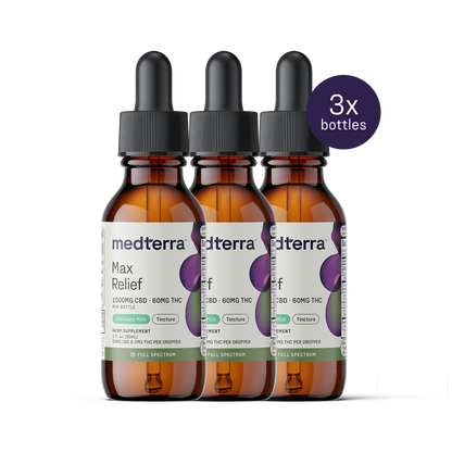 Three bottles of Medterra's Max Relief Full Spectrum CBD Oil, each with 1500mg CBD and 60mg THC, promote well-being and relaxation. The set is marked by a purple circle indicating "3x bottles.