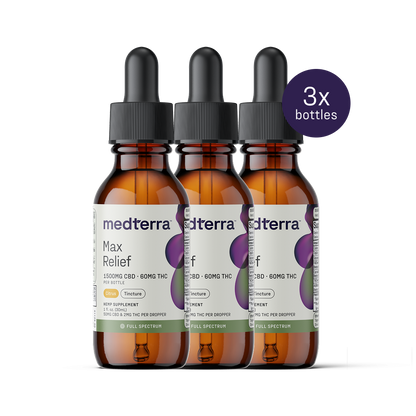 Three bottles of Medterra Max Relief Full Spectrum CBD Oil with black dropper caps are displayed, featuring 1500mg CBD and 60mg THC for relaxation. A purple circle in the top right indicates "3x bottles.