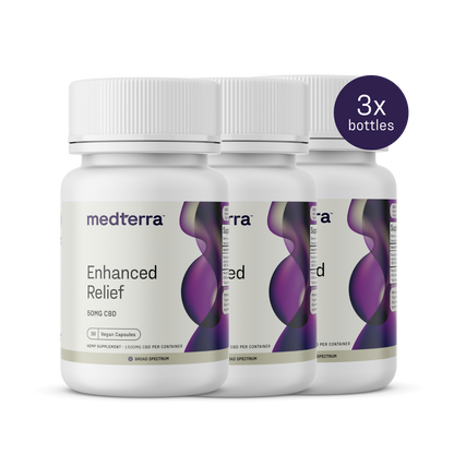Three bottles of Medterra's Enhanced Relief Broad Spectrum Capsules are highlighted for well-being. Each has a white cap and label with purple accents, indicating "50mg CBD" and "Vegan Capsules," containing active cannabinoids from Broad Spectrum CBD. A circular emblem shows "3x bottles.