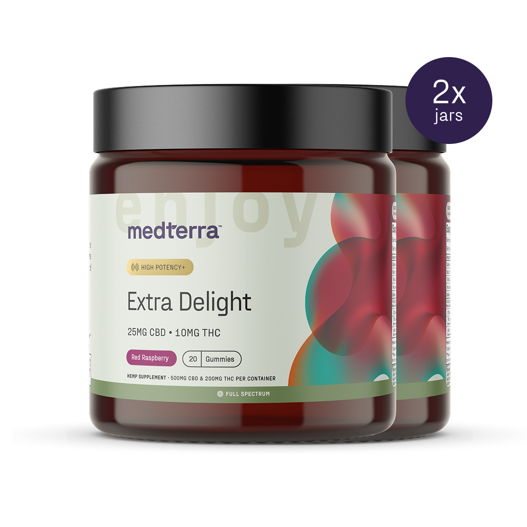 Two jars of Medterra's Extra Delight 10mg THC Gummies, each with 20 raspberry gummies containing 25mg CBD and 10mg THC per piece. Circular label highlights this high-potency, flavorful 2-jar set from Medterra.