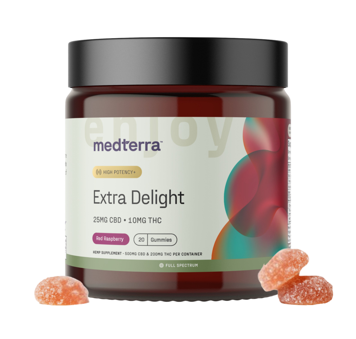A jar labeled "Medterra Extra Delight 10mg THC Gummies" with a black lid and colorful design features high-potency red raspberry gummies—each containing 25mg CBD and 10mg THC. Three orange sugar-coated gummies are displayed in front.