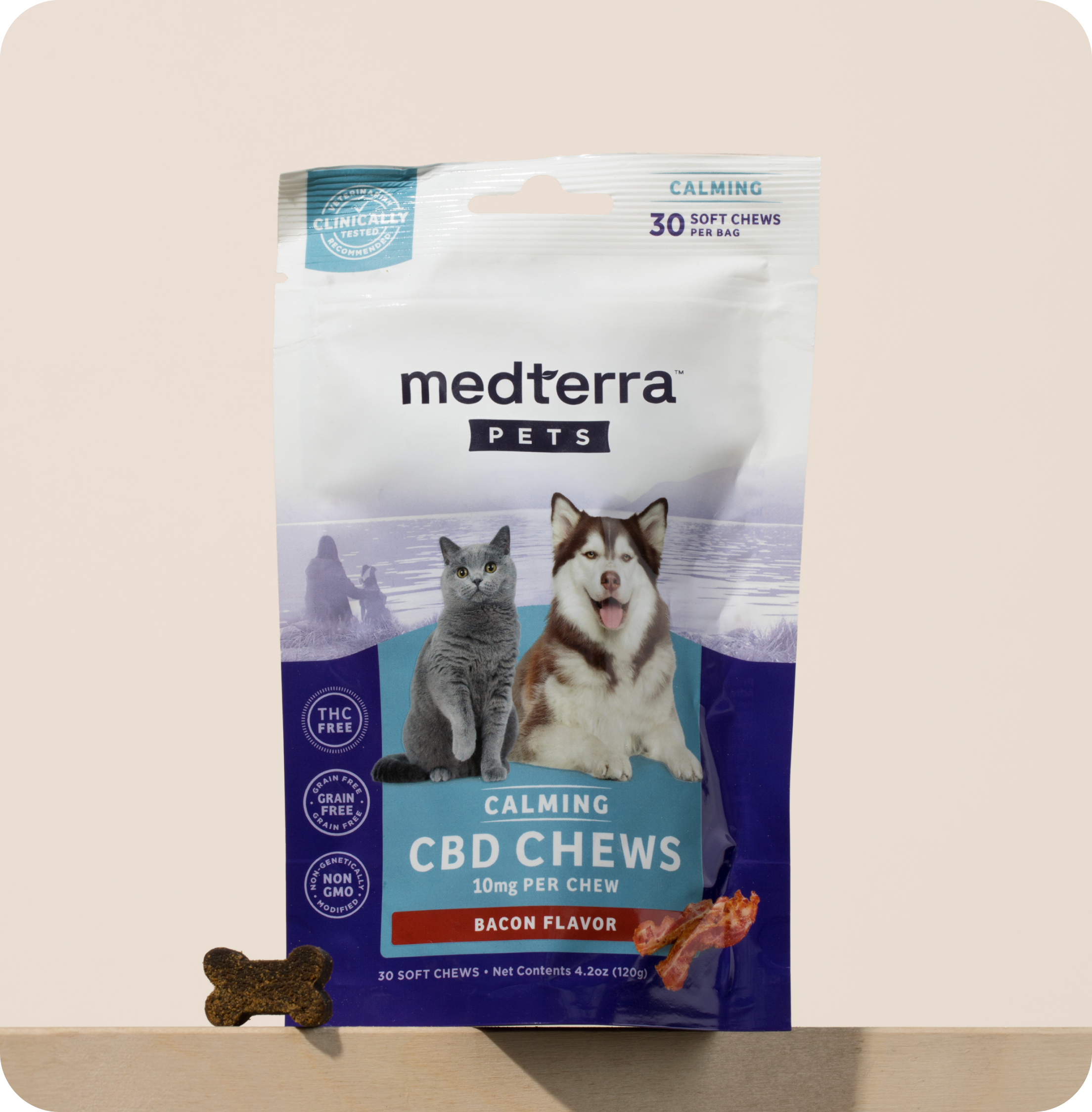 medterra PETS bag: CALMING CBD CHEWS 10mg PER CHEW BACON FLAVOR 30 SOFT CHEWS PER BAG THC FREE GRAIN FREE NON GMO