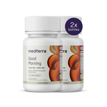 Two Medterra Good Morning Capsules bottles feature CBD and CBG details, vibrant purple and orange abstract designs on white bottles, adaptogenic herbs, and a "2x bottles" mark in the top right for clarity.