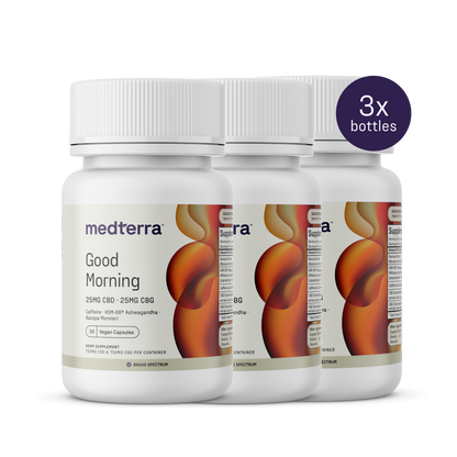 Three Medterra Good Morning Capsules bottles are displayed, each with 25mg of CBD and CBG, adaptogenic herbs like ashwagandha, plus caffeine. The top right corner features a "3x bottles" tag.