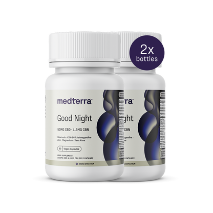 Two Medterra Good Night Capsules bottles feature 50mg CBD, 1.5mg CBN, and melatonin. Labels emphasize Ashwagandha and Kava for restful sleep. "2x bottles" is in the top right on a plain dark background.