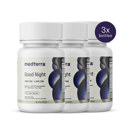 Three Medterra Good Night Capsules bottles are displayed, each with 50mg CBD, 1.5mg CBN, and melatonin to aid sleep. A "3x bottles" purple circle highlights this vegan product.