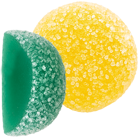 Yellow sugar-coated gumdrop and green gumdrop cut in half to show green interior.