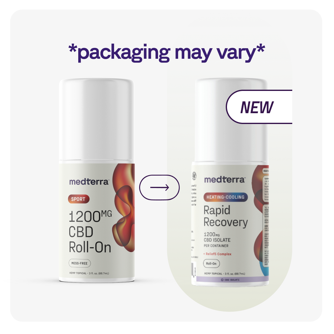 Side-by-side comparison of Medterra roll-ons: old "1200mg CBD Roll-On" packaging (left) and new "Heating-Cooling Rapid Recovery Roll On" transdermal topical (right) with “*packaging may vary*” above.