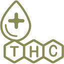 Green oil droplet with medical plus symbol and three hexagons labeled THC