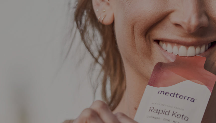Smiling woman biting a medterra Rapid Keto pouch; visible text: medterra Rapid Keto Collagen DHA MCT