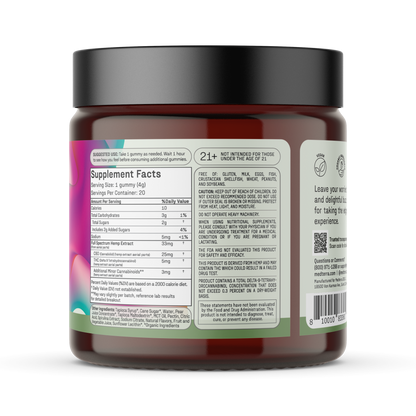 Back label of gummy jar showing Supplement Facts, CBD and THC amounts, usage directions and safety warnings.