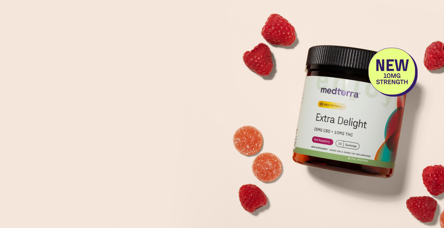 medterra jar labeled Extra Delight; 25MG CBD • 10MG THC; Red Raspberry; 20 Gummies; NEW 10MG STRENGTH badge; HIGH POTENCY+