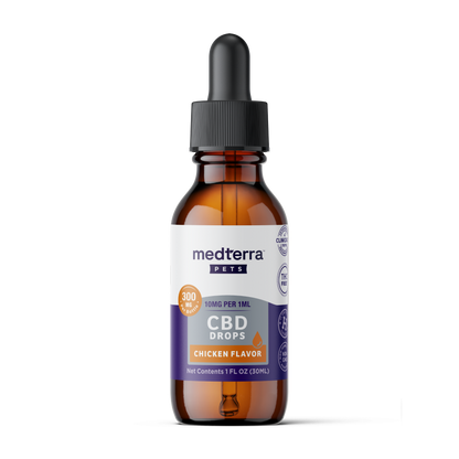 A brown glass dropper bottle labeled "Medterra Daily Relief Pet CBD Tincture, Chicken Flavor, 300mg, 10mg per 1ml, Net Contents 1 FL OZ (30ml)" with black cap and dropper—CBD tincture for pets to help support joint health.