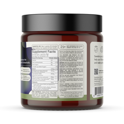 A dark amber jar with a white lid shows supplement facts, directions, and warnings for Medterra Deep Sleep CBD Gummies on a white label, featuring a Nutrition Facts panel and detailed ingredient list in small text.