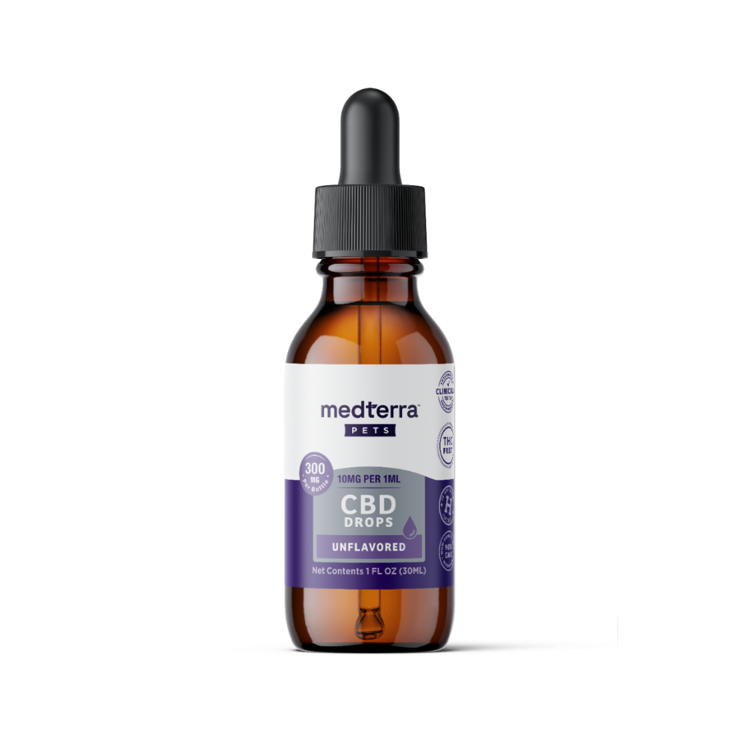 A brown glass dropper bottle labeled "Medterra Daily Relief Pet CBD Tincture, Unflavored, 10mg per 1mL, 300mg CBD" with a black dropper cap stands on a white background—ideal to help support your pet’s joint health.