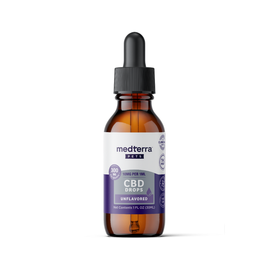 A brown glass dropper bottle labeled "Medterra Daily Relief Pet CBD Tincture, Unflavored, 10mg per 1mL, 300mg CBD" with a black dropper cap stands on a white background—ideal to help support your pet’s joint health.