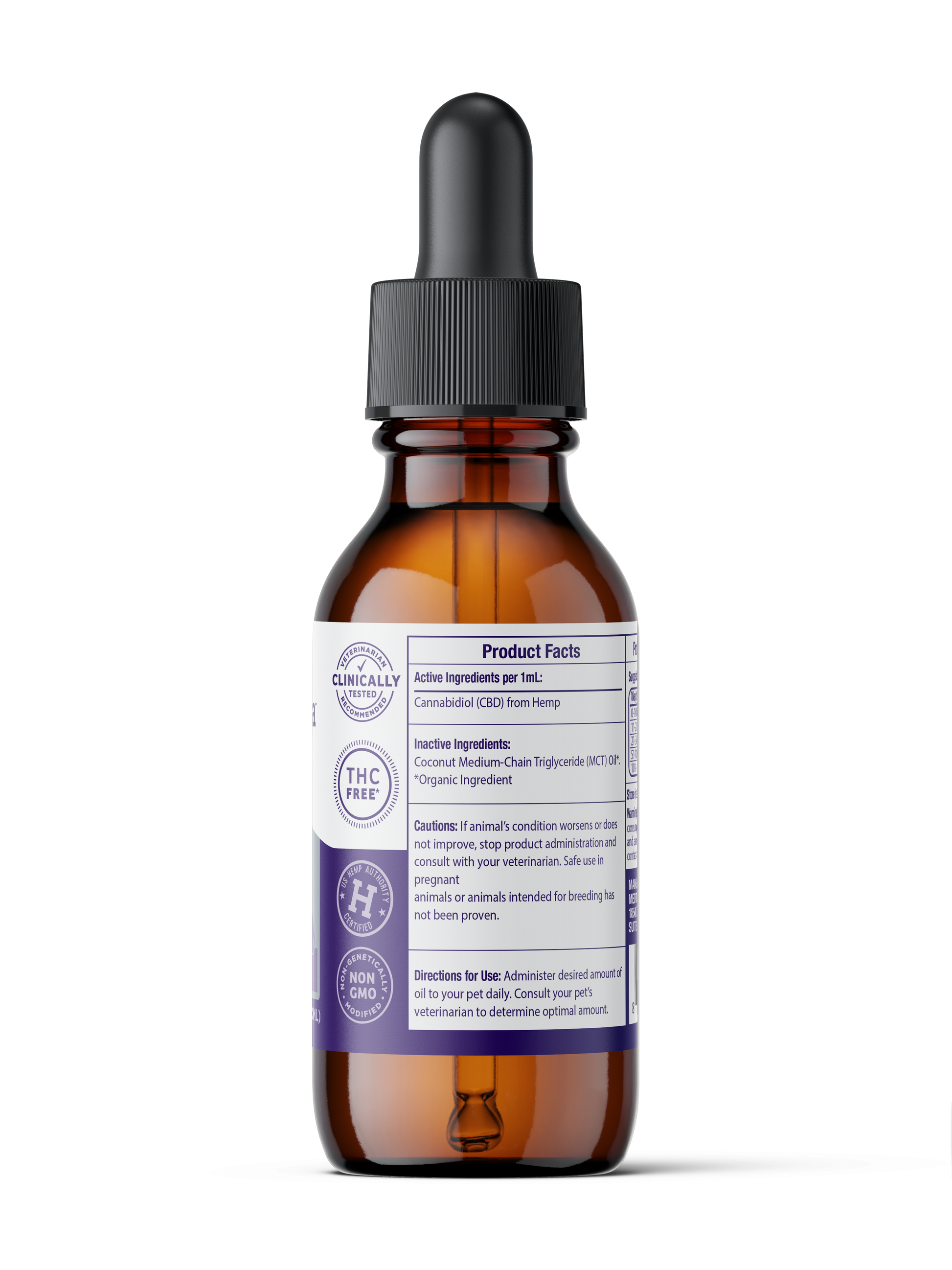 The Medterra Daily Relief Pet CBD Tincture comes in an amber glass dropper bottle with a black cap and a white-purple label showing supplement facts, ingredients, and usage instructions to support joint health in pets.