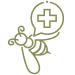 Stylized bee with a medical cross symbol representing health benefits of Manuka honey