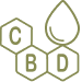 Stylized graphic of three hexagons with letters C, B, D and a droplet shape representing CBD oil