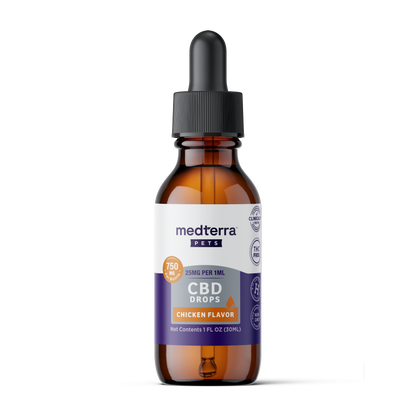 A brown dropper bottle labeled "Medterra Daily Relief Pet CBD Tincture, Chicken Flavor, 750 mg" with a black cap stands against a white background—CBD tincture crafted to support your pet’s joint health.