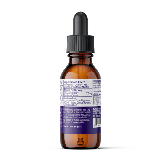 A brown glass dropper bottle labeled "Medterra Daily Relief Pet CBD Tincture, Unflavored, 10mg per 1mL, 300mg CBD" with a black dropper cap stands on a white background—ideal to help support your pet’s joint health.