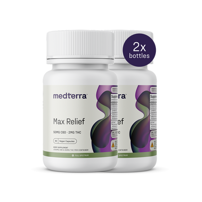 Two Max Relief Full Spectrum Capsules bottles by Medterra, with green and purple abstract designs on white labels, each offer 50mg CBD and 2mg THC. A purple circle shows two bottles are included.
