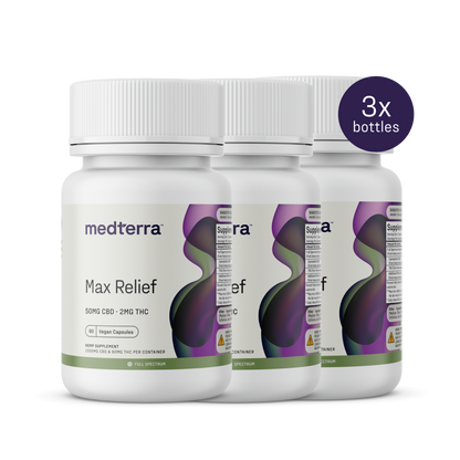 Three white bottles of Medterra's Max Relief Full Spectrum Capsules stand in a row, each delivering 50mg CBD and 2mg THC. The label showcases swirling green and purple graphics with a "3x bottles" indicator.