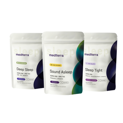 The Medterra Sleep Discovery Kit is shown upright, featuring colorful pouches labeled Deep Sleep (Full Spectrum), Sound Asleep (High Potency), and Sleep Tight (CBD Isolate) sleep gummies.