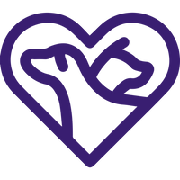A purple outline of a heart features the profiles of a dog and a cat facing each other. The cat's profile is within the upper right curve of the heart, and the dog's profile is within the left curve, forming a cohesive and harmonious design.