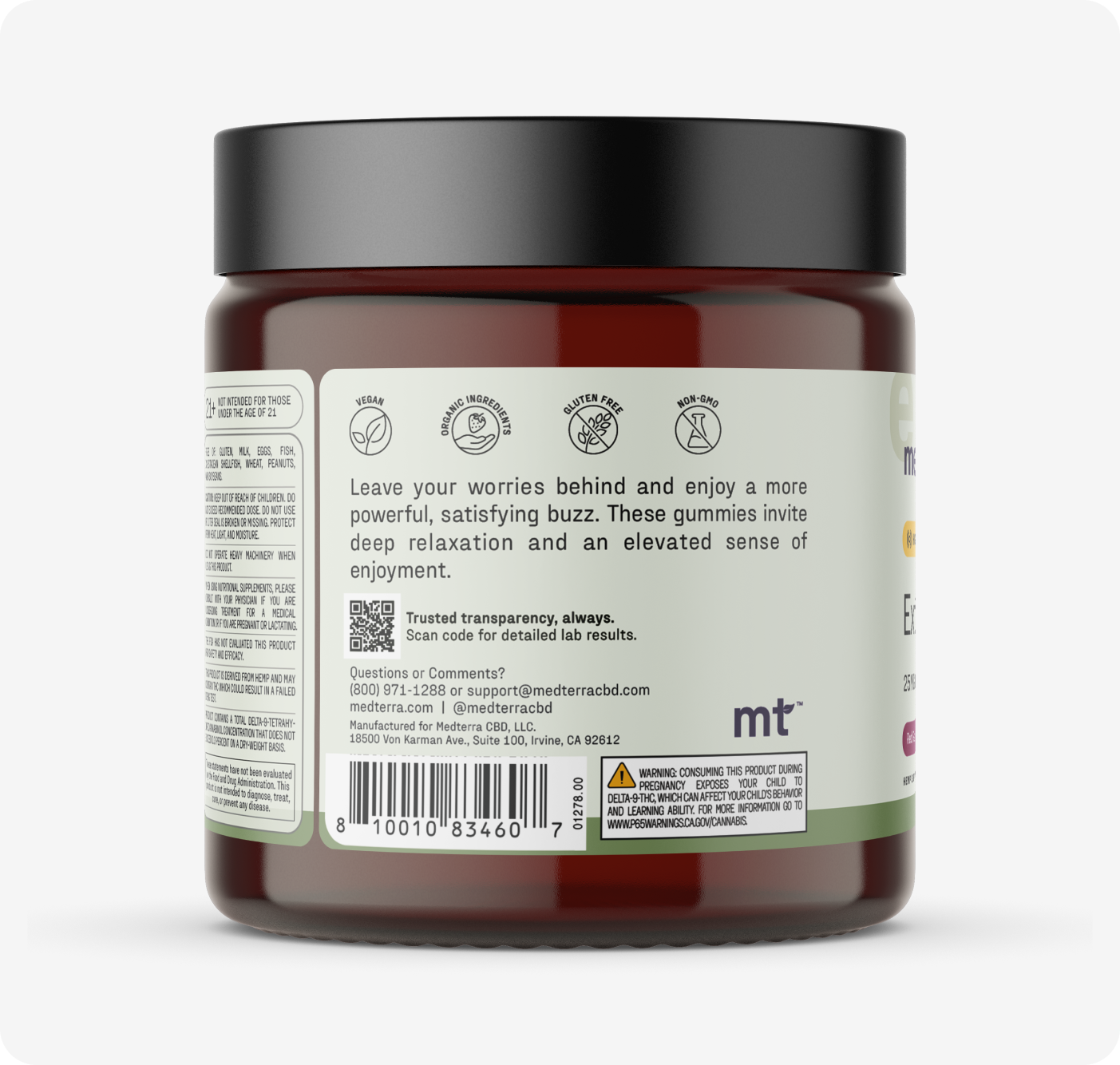 A dark amber jar with a black lid features a label for Medterra’s Extra Delight 10mg THC Gummies, high-potency edibles crafted for deep relaxation and elevated enjoyment. The label also displays contact details and a barcode.