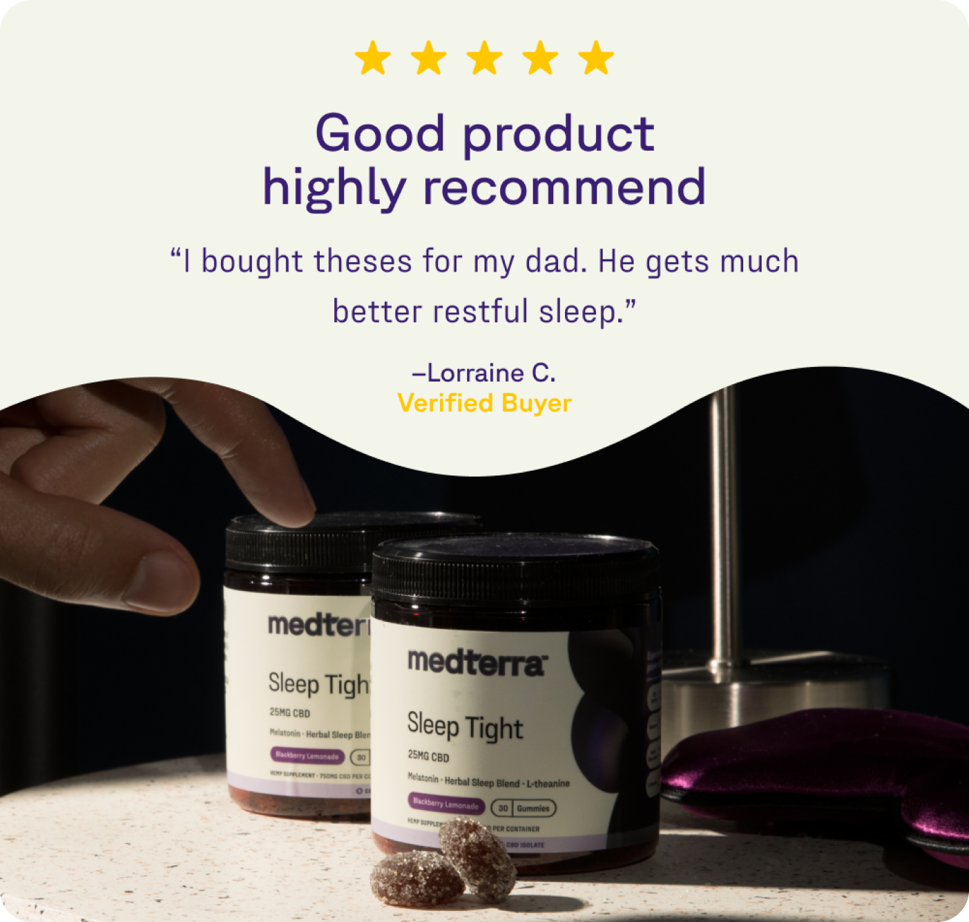 A hand reaches for a jar from the Medterra Sleep Discovery Kit on a bedside table. Another jar, lamp, eye mask, and gummies are nearby. Above is a five-star review praising this THC-free solution for restful nights.