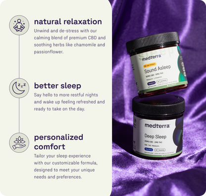 Medterra's Sleep Discovery Kit jars are shown on purple satin. On the left, icons highlight natural relaxation, improved sleep, and personalized comfort—your THC-free solution for restful nights.