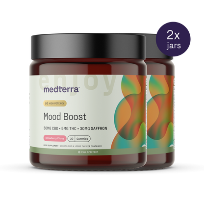 Two jars of Medterra's Mood Boost Gummies, each featuring colorful abstract designs. These jars contain 20 strawberry citrus-flavored gummies, delivering 50mg CBD, 5mg THC, and 30mg saffron per serving. A small circular label proudly displays "2x jars.