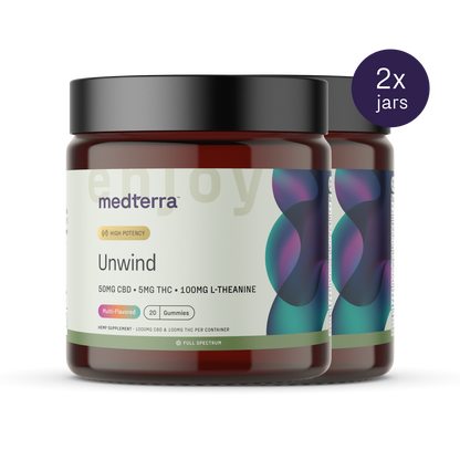 Two jars of Medterra's Unwind Gummies offer a multi-flavored assortment, each gummy containing 50mg CBD, 5mg THC, and 100mg L-Theanine. A purple circle in the top right corner displays "2x jars." The jars are topped with dark lids and have an eye-catching colorful design.