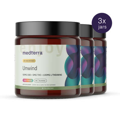 Three jars of Medterra's Unwind Gummies, each infused with 50mg CBD, 5mg THC, and 100mg L-Theanine per serving. The multi-colored label on the jars includes a "3x jars" note in the top right corner. Each jar contains 20 tropical-flavored gummies.