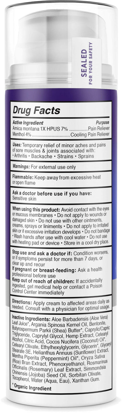 A photo of the Pain Relief Cream container by Medterra CBD. The label details include drug facts, such as active ingredients (Arnica Montana 1X HPUS 7% and Menthol 4%), intended use (temporary relief for muscle and joint pain due to arthritis), warnings, directions, and a comprehensive list of ingredients.