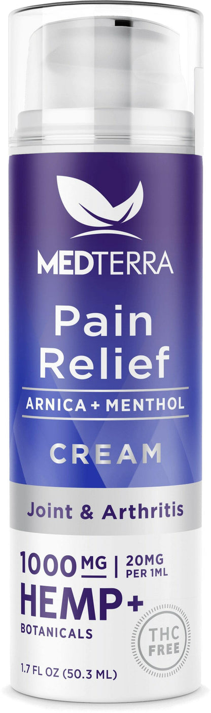 A bottle of Medterra CBD Pain Relief Cream is displayed, formulated for arthritis and joint pain. The label emphasizes ingredients such as Menthol and Arnica, containing 1000 mg of hemp extract, which translates to 20 mg per 1 ml, and is free of THC. The bottle has a capacity of 1.7 fl oz (50.3 ml).