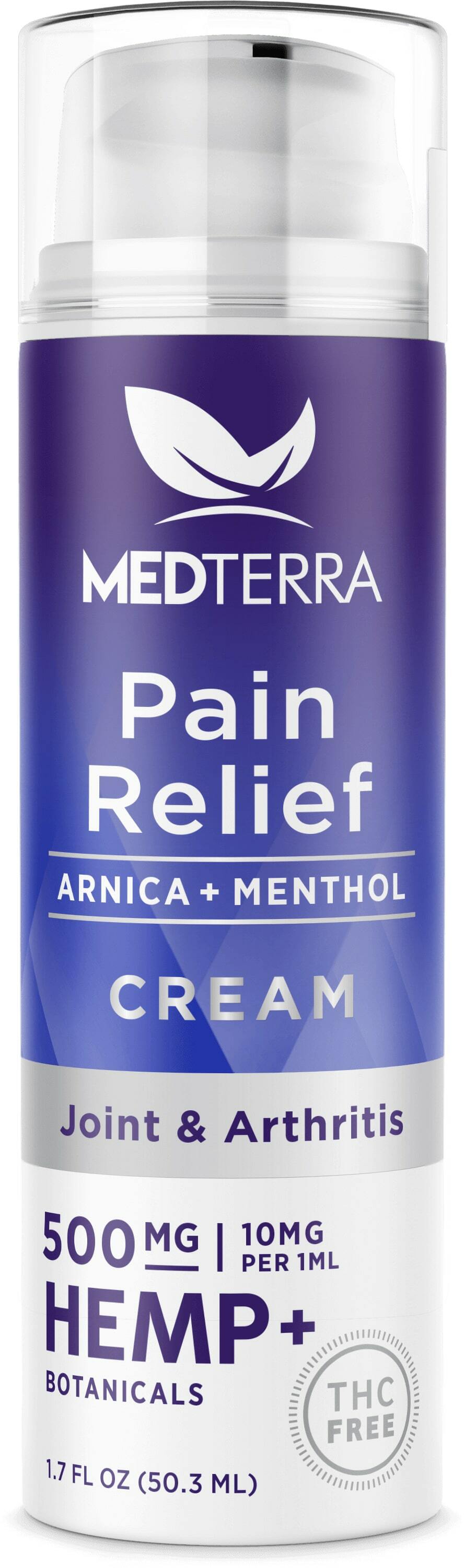 Image of a Medterra CBD Pain Relief Cream container. The label highlights it contains Menthol and Arnica for arthritis and joint pain relief. THC-free with 500 mg of hemp, delivering 10 mg per 1 ml, along with botanicals. The container holds 1.7 fl oz (50.3 ml).
