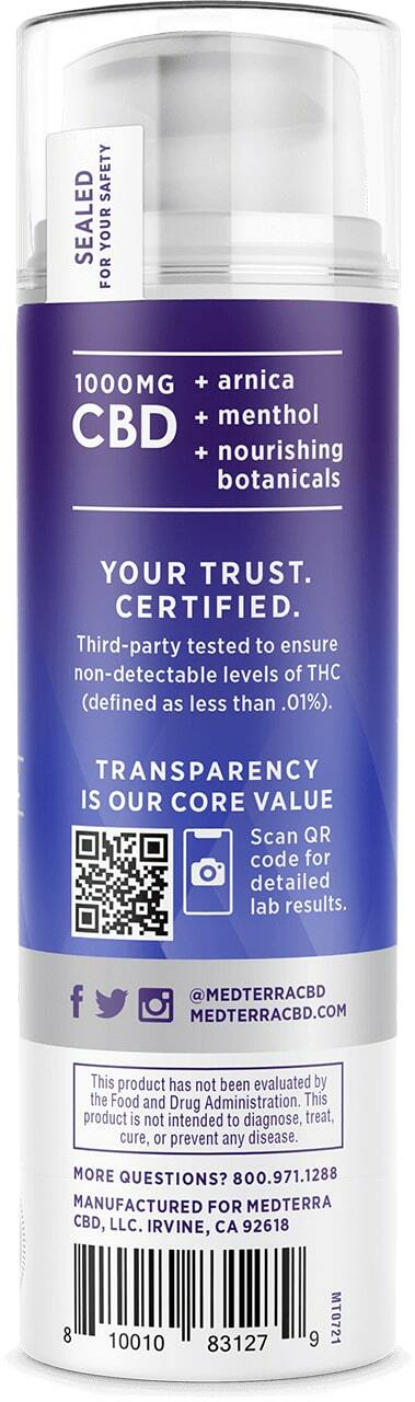 A white cylindrical container from Medterra CBD features a label stating "Pain Relief Cream, 1000mg CBD" along with ingredients like "menthol and arnica" for arthritis and joint pain. The label highlights certification and transparency with QR codes and social media icons, plus contact information at the bottom.


